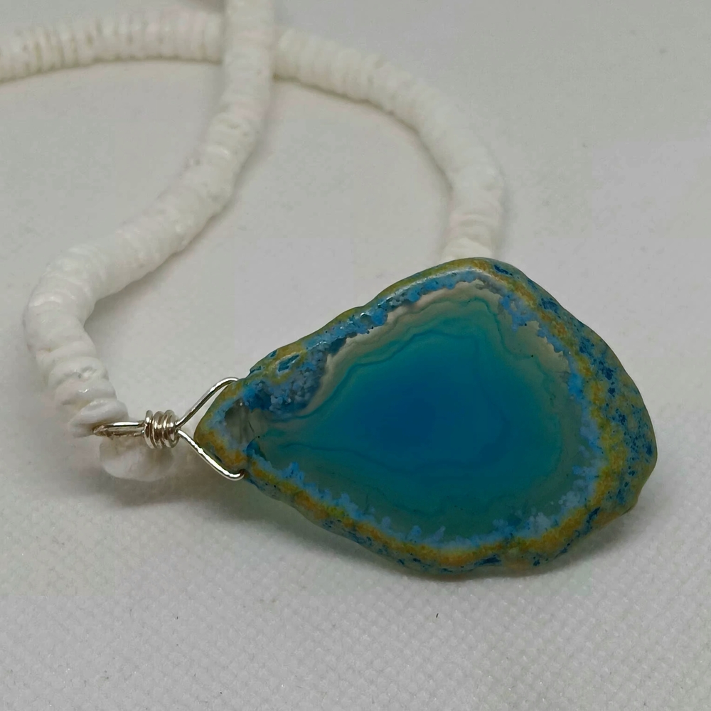 Blue Agate White Puka Pendant Necklace